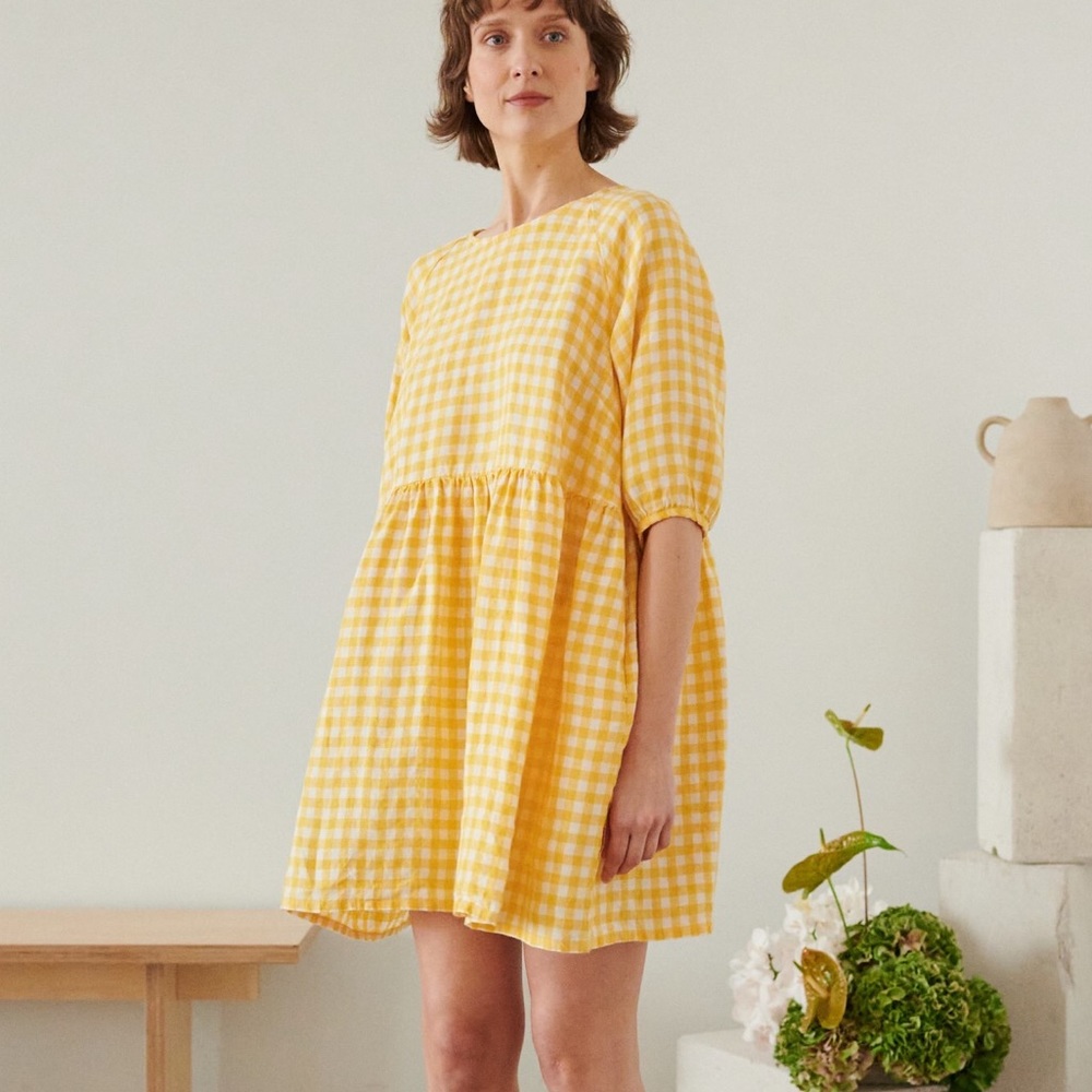 Linenfox Beth Dress Yellow Gingham Size XS